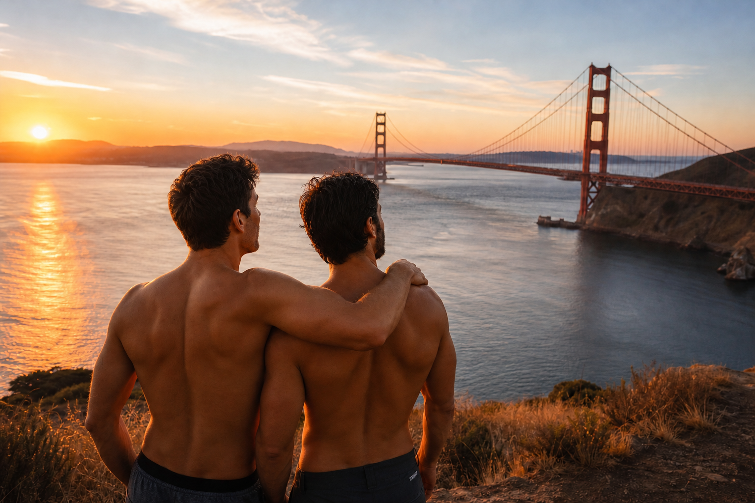 Two Younger Men Viewing 1950s Golden Gate Bridge